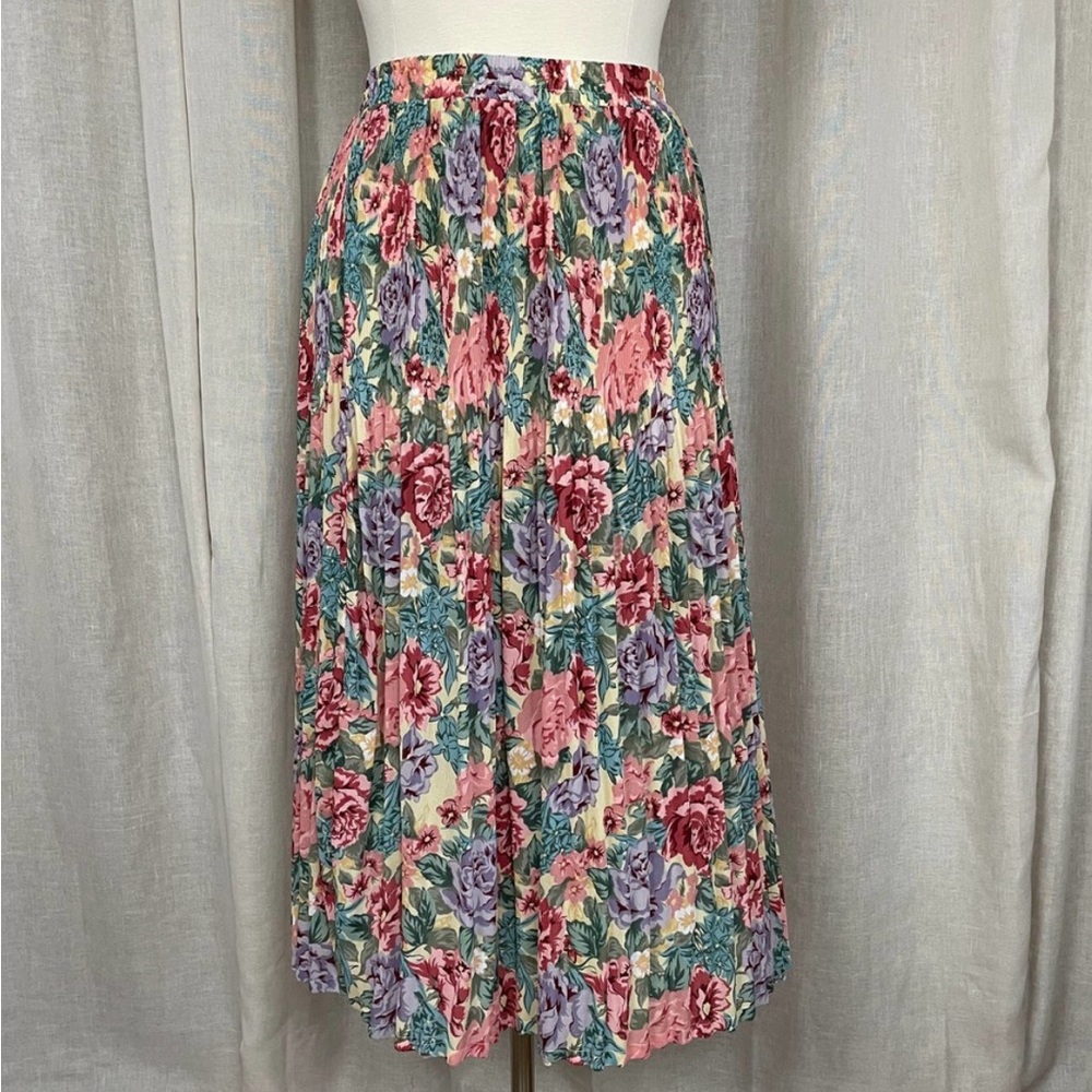 Vintage Womens Skirt XL Pink Green Purple Floral Print Long Midi Pleated Spring